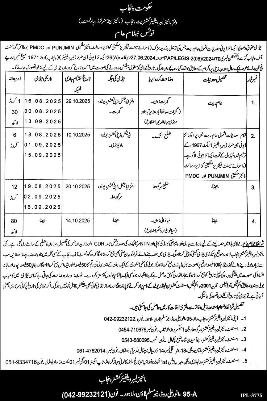 Mines Labour Welfare Department Lahore Tender Notice